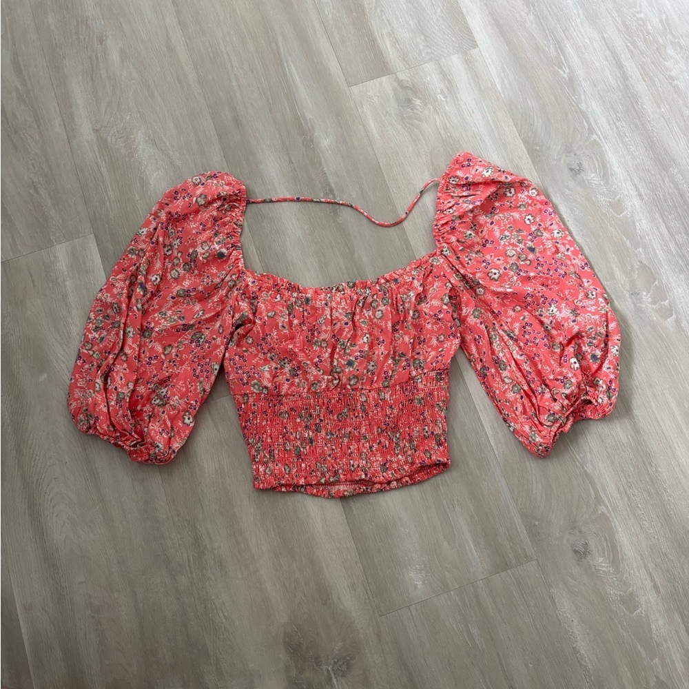 AFRM Waverly Pink Floral Puff Sleeve Smocked Ruffle Crop Top size XS - Picture 5 of 6